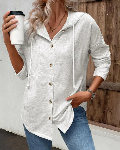 Long Sleeve Knit Ribbed Spliced Button Front Drawstring Hoodie Jacket Casual Drop Shoulder Pocket Design Asymmetrical Hem Coat white
