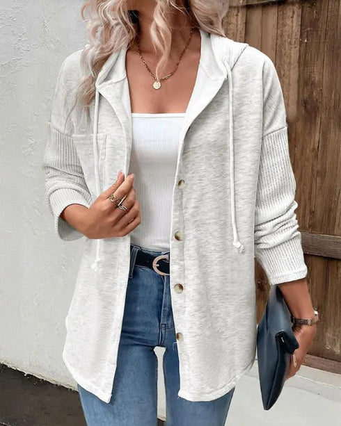 Long Sleeve Knit Ribbed Spliced Button Front Drawstring Hoodie Jacket Casual Drop Shoulder Pocket Design Asymmetrical Hem Coat white