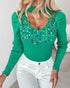 Keyhole Neck Long Sleve Pullover Knit Sweater Multicolor Rhinestone Decor Top green