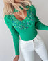 Keyhole Neck Long Sleve Pullover Knit Sweater Multicolor Rhinestone Decor Top green
