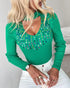 Keyhole Neck Long Sleve Pullover Knit Sweater Multicolor Rhinestone Decor Top green
