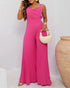 Pleated Design V Neck Adjustable Spaghetti Straps Cinched Waist Overalls Casual Pleated Flared Jumpsuit hot pink
