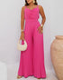 Pleated Design V Neck Adjustable Spaghetti Straps Cinched Waist Overalls Casual Pleated Flared Jumpsuit hot pink