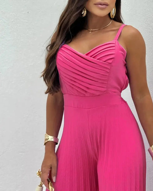 Pleated Design V Neck Adjustable Spaghetti Straps Cinched Waist Overalls Casual Pleated Flared Jumpsuit hot pink