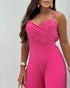 Pleated Design V Neck Adjustable Spaghetti Straps Cinched Waist Overalls Casual Pleated Flared Jumpsuit hot pink