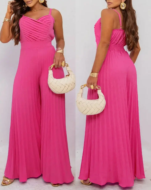 Pleated Design V Neck Adjustable Spaghetti Straps Cinched Waist Overalls Casual Pleated Flared Jumpsuit hot pink
