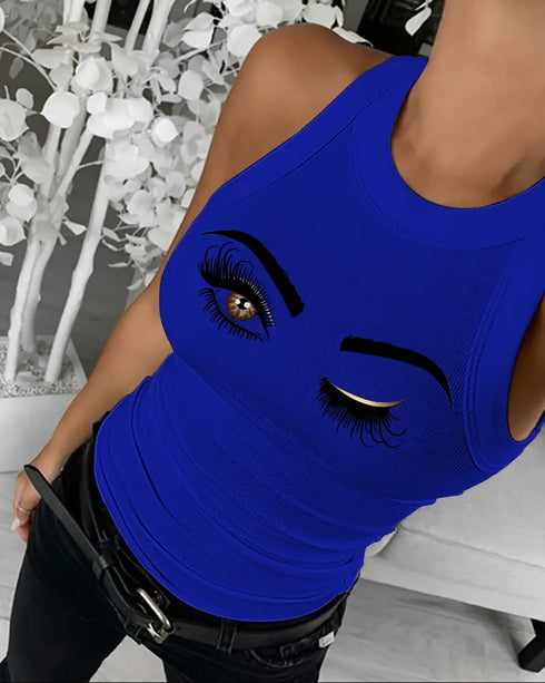 Eyelash Print Casual Tank Top blue