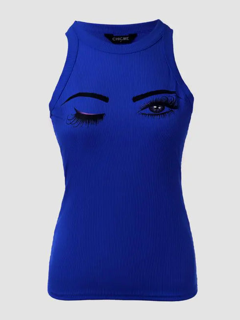 Eyelash Print Casual Tank Top blue