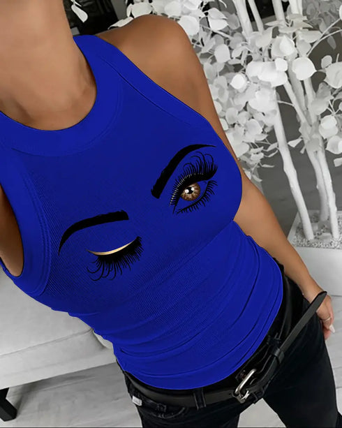 Eyelash Print Casual Tank Top blue
