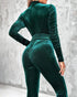 Velvet Zipper Design Ruched Long Sleeve Jumpsuit With Elastic Waistbelt green