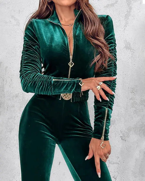 Velvet Off Shoulder Beaded Jumpsuits Elegant Long Sleeve Overalls with Elastic Waistbelt green