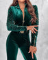 Velvet Off Shoulder Beaded Jumpsuits Elegant Long Sleeve Overalls with Elastic Waistbelt green