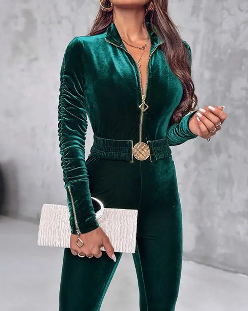 Velvet Off Shoulder Beaded Jumpsuits Elegant Long Sleeve Overalls with Elastic Waistbelt green