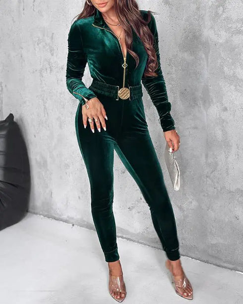 Velvet Off Shoulder Beaded Jumpsuits Elegant Long Sleeve Overalls with Elastic Waistbelt green