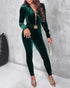 Velvet Off Shoulder Beaded Jumpsuits Elegant Long Sleeve Overalls with Elastic Waistbelt green