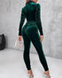 Velvet Off Shoulder Beaded Jumpsuits Elegant Long Sleeve Overalls with Elastic Waistbelt green