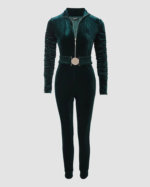 Velvet Off Shoulder Beaded Jumpsuits Elegant Long Sleeve Overalls with Elastic Waistbelt green