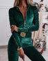 Velvet Zipper Design Ruched Long Sleeve Jumpsuit With Elastic Waistbelt green