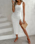 Side Slit Drawstring Ruched Bodycon Casual Sun Maxi Dresses Sleeveless Ribbed Tank Dress white
