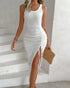 Side Slit Drawstring Ruched Bodycon Casual Sun Maxi Dresses Sleeveless Ribbed Tank Dress white
