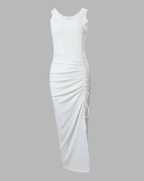 Side Slit Drawstring Ruched Bodycon Casual Sun Maxi Dresses Sleeveless Ribbed Tank Dress white