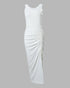 Side Slit Drawstring Ruched Bodycon Casual Sun Maxi Dresses Sleeveless Ribbed Tank Dress white