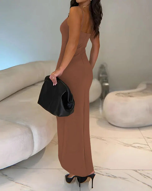 Sexy Square Neck Thick Strap Backless Slit Dress brown