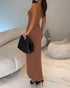 Sexy Square Neck Thick Strap Backless Slit Dress brown