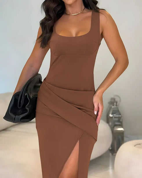 Sexy Square Neck Thick Strap Backless Slit Dress brown