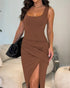 Sexy Square Neck Thick Strap Backless Slit Dress brown