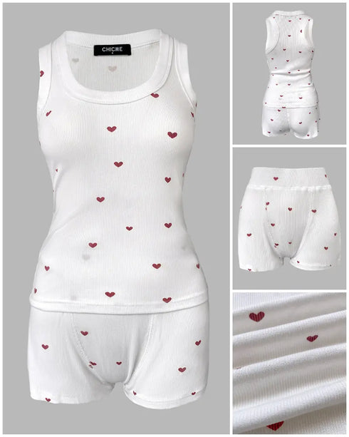 2 Pieces Outfit Ditsy Floral Print U-Neck Tank Top and Elastic Waist Shorts Set Slim Fit Ribbed Set white