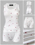 2 Pieces Outfit Floral Print U-Neck Tank Top and Elastic Waist Shorts Set Slim Fit Ribbed Set white