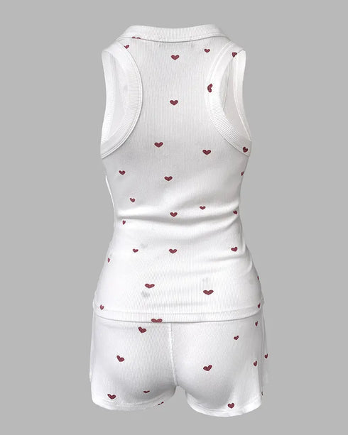 2 Pieces Outfit Heart Print U Neck Sleeveless Tank Top and Casual Strechy Waist Shorts Set Slim Fit Ribbed Pajamas Set white