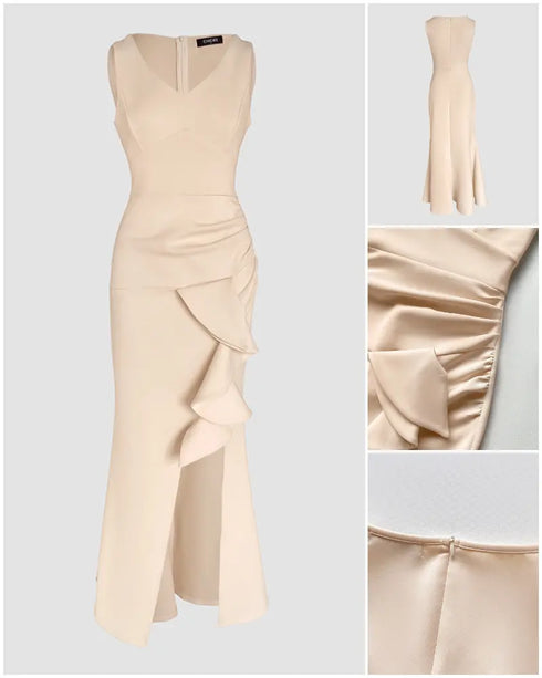 Deep V-Neck Thick Strap Side Ruffled Slit Evening Dress Cinched Waist Zipper Back Slim Fit Maxi Dress light pink