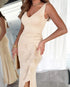Deep V-Neck Thick Strap Side Ruffled Slit Evening Dress Cinched Waist Zipper Back Slim Fit Maxi Dress light pink
