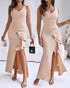 Deep V-Neck Thick Strap Side Ruffled Slit Evening Dress Cinched Waist Zipper Back Slim Fit Maxi Dress light pink