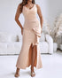 Deep V-Neck Thick Strap Side Ruffled Slit Evening Dress Cinched Waist Zipper Back Slim Fit Maxi Dress light pink
