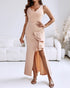 Deep V-Neck Thick Strap Side Ruffled Slit Evening Dress Cinched Waist Zipper Back Slim Fit Maxi Dress light pink