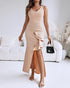 Deep V-Neck Thick Strap Side Ruffled Slit Evening Dress Cinched Waist Zipper Back Slim Fit Maxi Dress light pink