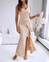 Deep V-Neck Thick Strap Side Ruffled Slit Evening Dress Cinched Waist Zipper Back Slim Fit Maxi Dress light pink