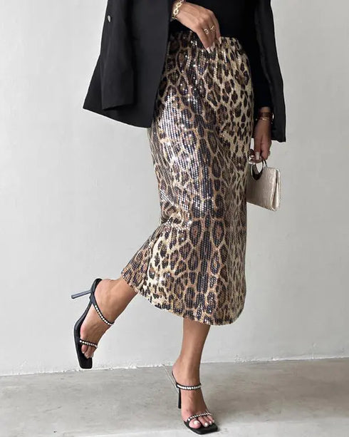 Leopard Pattern Allover Sequin Skirt Leopard