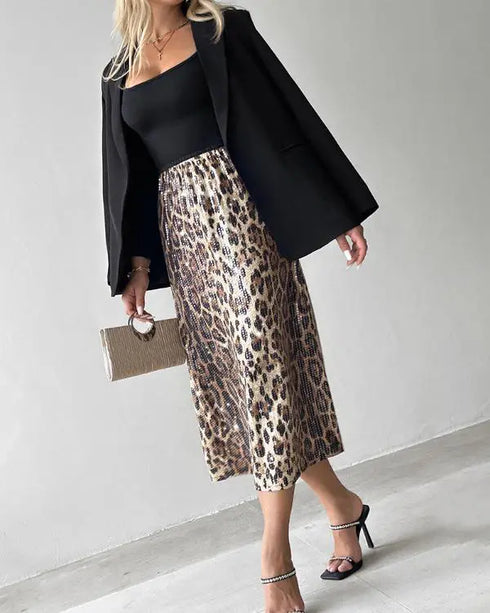 Leopard Pattern Allover Sequin Skirt Leopard