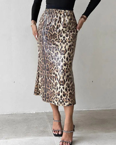 Leopard Pattern Allover Sequin Skirt Leopard