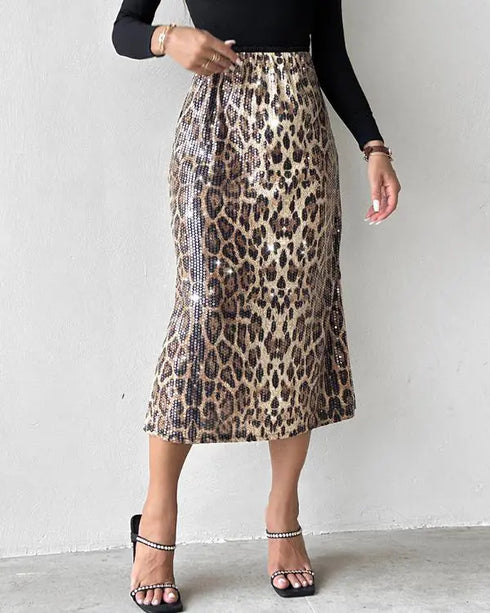 Leopard Pattern Allover Sequin Skirt Leopard