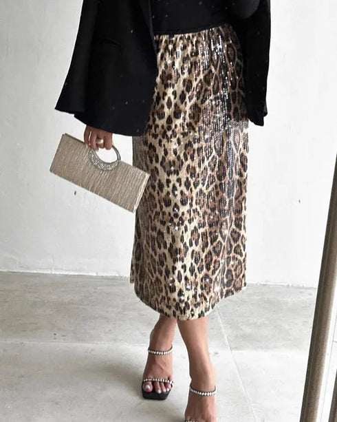 Leopard Pattern Allover Sequin Skirt Leopard