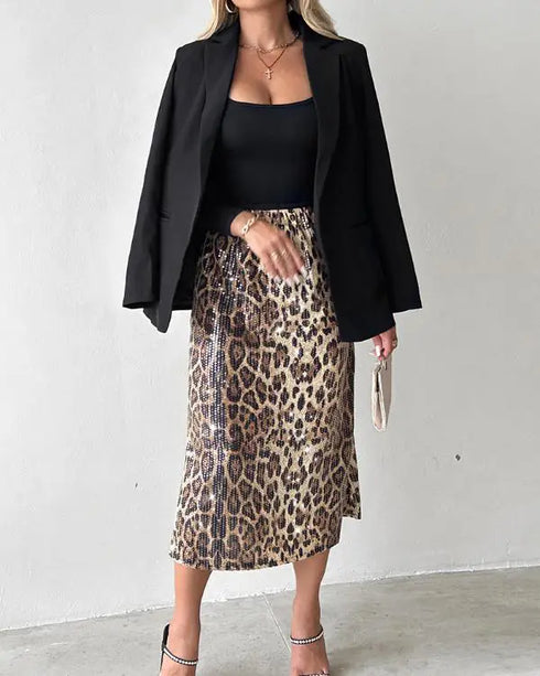 Leopard Pattern Allover Sequin Skirt Leopard