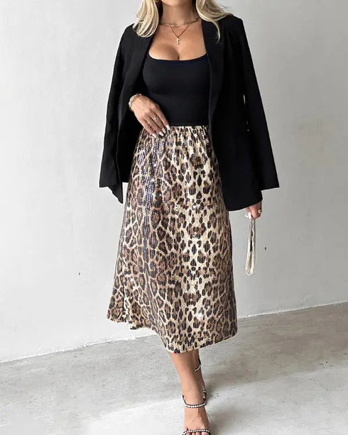 Leopard Pattern Allover Sequin Skirt Leopard