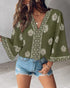 Floral Print V Neck Long Sleeve Blouse Casual Loose Fit Top Army green
