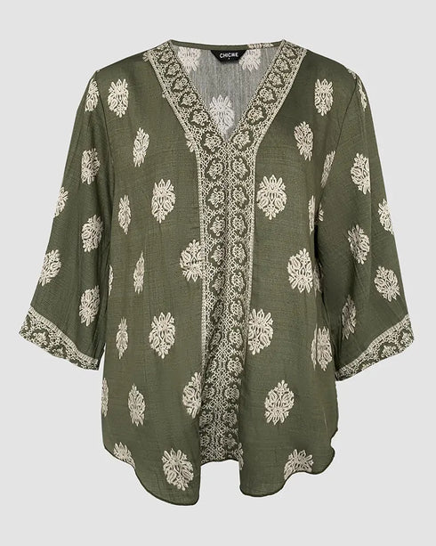Floral Print V Neck Long Sleeve Blouse Casual Loose Fit Top Army green