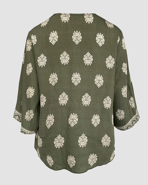 Floral Print V Neck Long Sleeve Blouse Casual Loose Fit Top Army green